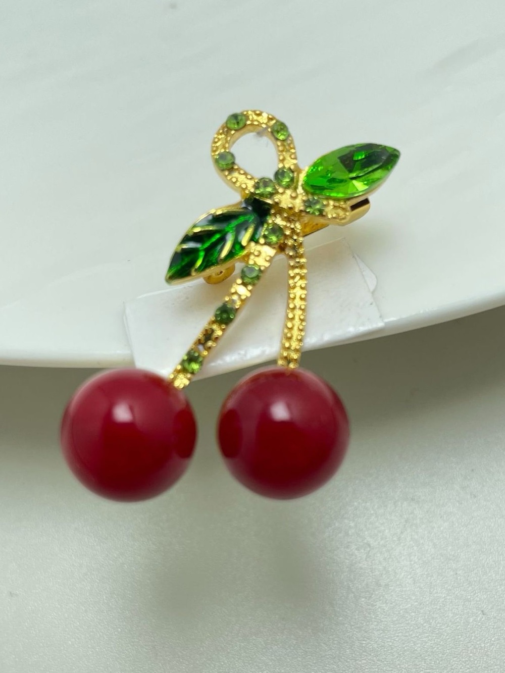 Cherry Brooch Pin – Red Cherry Fruit Rhinestone Brooch, Gold Tone